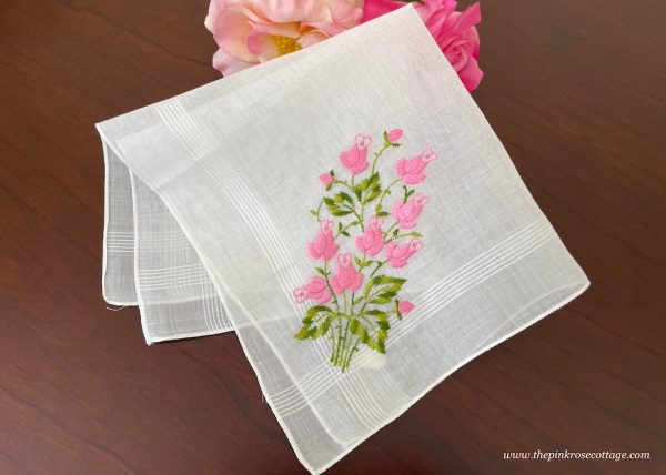 NWT Vintage Pink Rosebuds Embroidered Handkerchief Online now