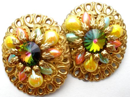 Fantiques Multi Color Rivoli Rhinestone Earrings Vintage For Sale