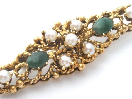 14K Gold Pearl & Jade Bar Pin Brooch For Discount