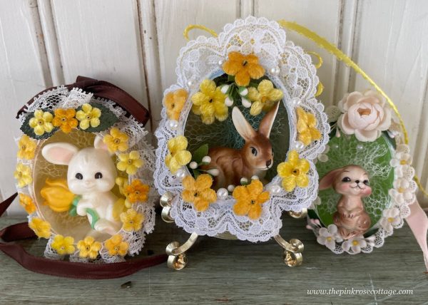 3 Handmade Real Easter Egg Diorama Ornaments Cute Bunnies Fashion