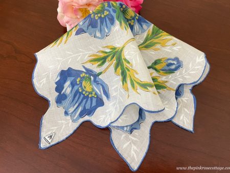 MWT Vintage Herrmann Blue Poppy Floral Handkerchief For Discount