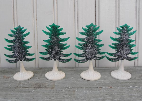 4 Vintage Plasticville Translucent Green with Glitter Evergreen Christmas Trees Cheap