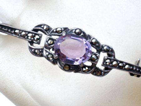 Amethyst & Marcasite Sterling Silver Bar Pin Online now