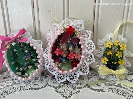 3 Vintage Hand Made Real Egg Easter Diorama Ornaments with Birds on Sale