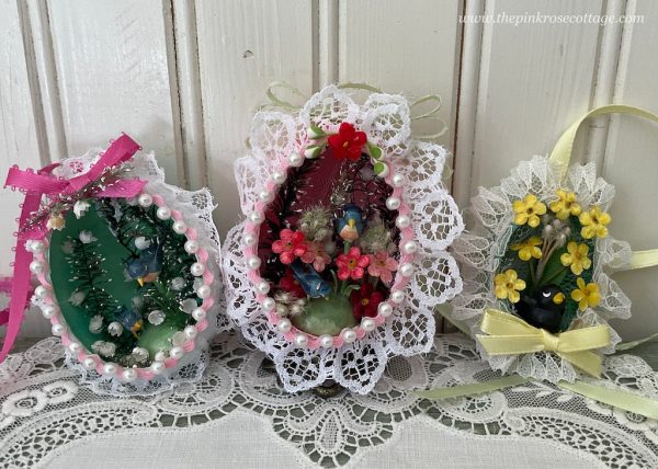 3 Vintage Hand Made Real Egg Easter Diorama Ornaments with Birds on Sale