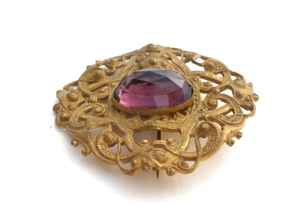 Antique Brass Brooch With Purple Rhinestone Cheap