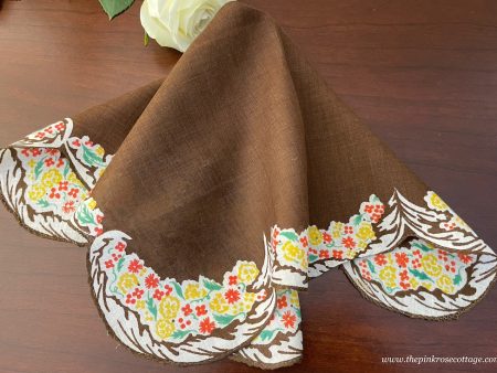 Vintage Yellow Red Brown Scalloped Wildflower Handkerchief For Cheap