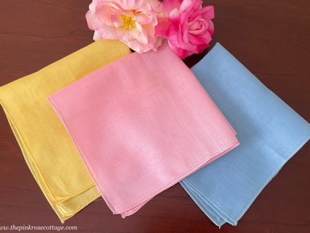 Set of 3 Vintage Solid Pink Blue and Yellow Handkerchiefs Online Sale