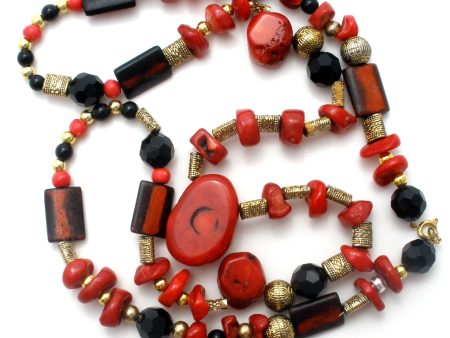 Red & Black Onyx Bead Necklace 32  Vintage Cheap