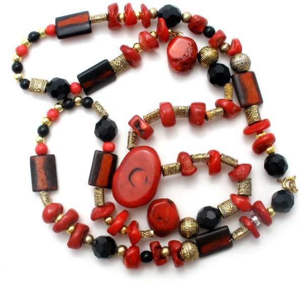 Red & Black Onyx Bead Necklace 32  Vintage Cheap