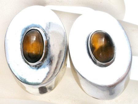 Sterling Silver Cufflinks with Tiger s Eye Gemstones For Sale