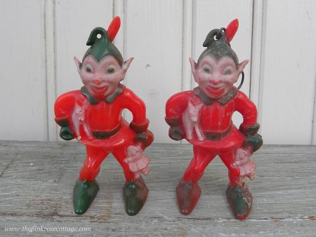 Pair of Vintage Plastic Santas Elves Christmas Ornaments Fashion