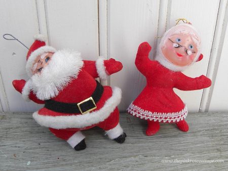 Vintage Christmas Ornaments Felt Dancing Santa and Mrs Claus Hot on Sale