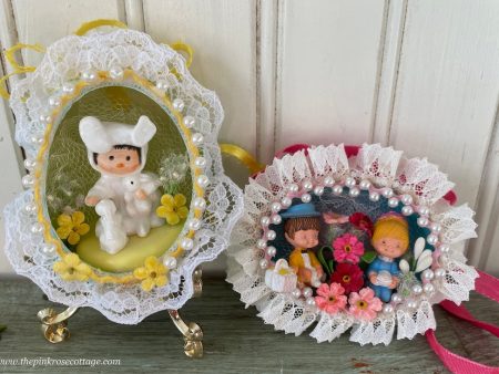 2 Hand Made Real Easter Egg Diorama Ornaments Children and Bunnies on Sale