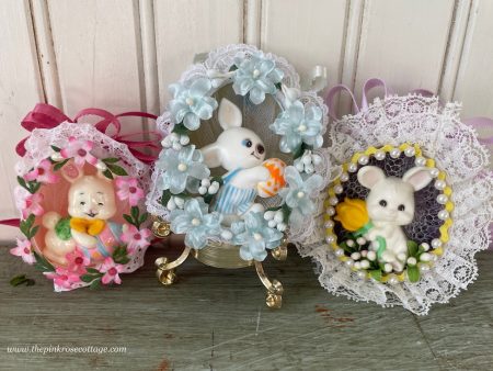 3 Hand Made Real Easter Egg Diorama Ornaments with White Bunnies Hot on Sale