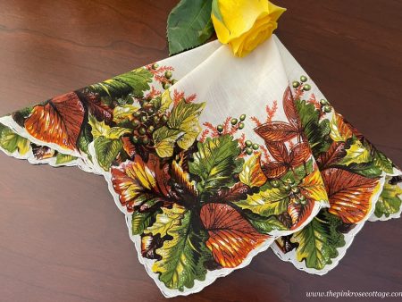 Vintage Woodland Leaves and Berries Printed Handkerchief Cheap