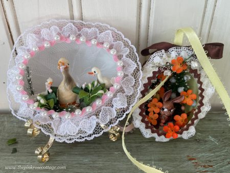 2 Handmade Real Easter Egg Diorama Ornaments Ducks and Bunny For Discount