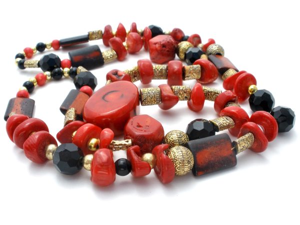 Red & Black Onyx Bead Necklace 32  Vintage Cheap