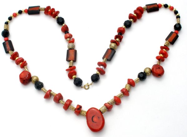 Red & Black Onyx Bead Necklace 32  Vintage Cheap