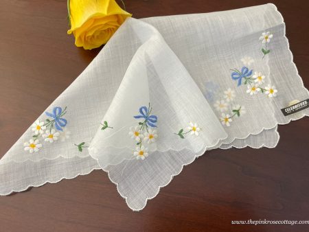 Vintage White Daisy and Blue Bow Embroidered Handkerchief with Tag Online Hot Sale