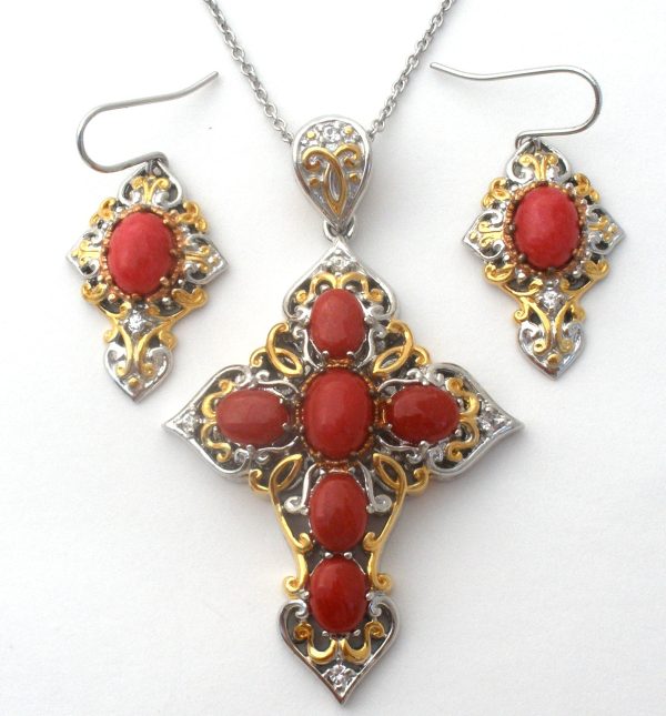 Michael Valitutti Red Coral Cross Necklace Set 925 Online Sale