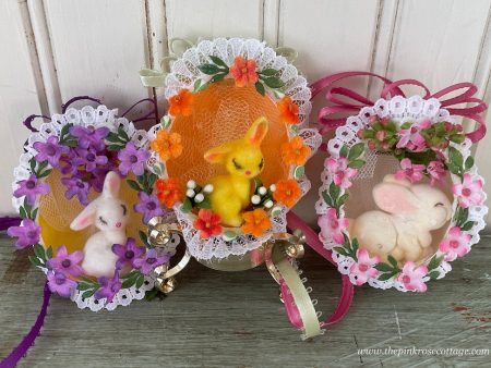 3 Handmade Real Easter Egg Diorama Ornaments Flocked Bunnies Sale