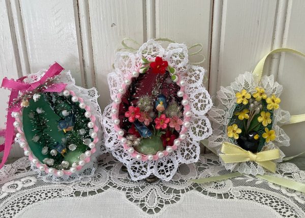 3 Vintage Hand Made Real Egg Easter Diorama Ornaments with Birds on Sale