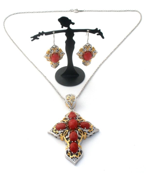 Michael Valitutti Red Coral Cross Necklace Set 925 Online Sale