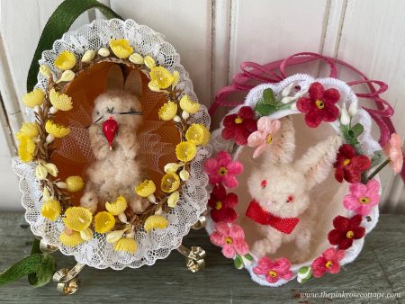 2 Handmade Real Easter Egg Diorama Ornaments Chenille Bunnies For Sale