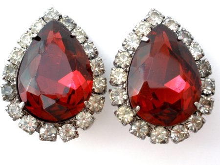 Red Rhinestone Earrings Vintage Clip On Cheap