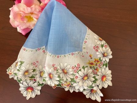 Vintage Burmel Handkerchief of the Month Daisies with Blue Online now