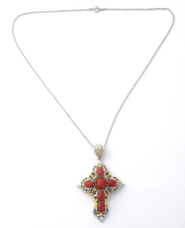 Michael Valitutti Red Coral Cross Necklace Set 925 Online Sale