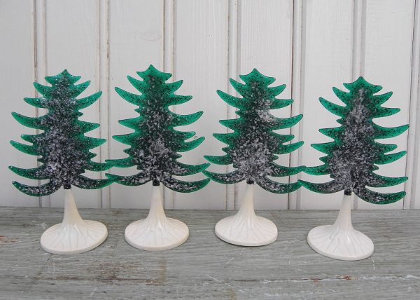 4 Vintage Plasticville Translucent Green with Glitter Evergreen Christmas Trees Cheap