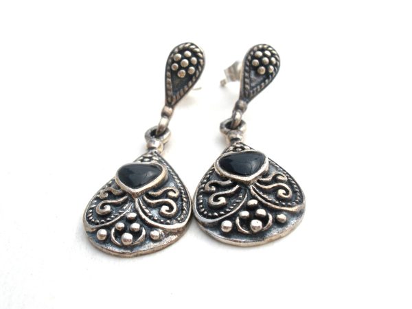 Sterling Silver Black Onyx Heart Earrings Vintage Hot on Sale