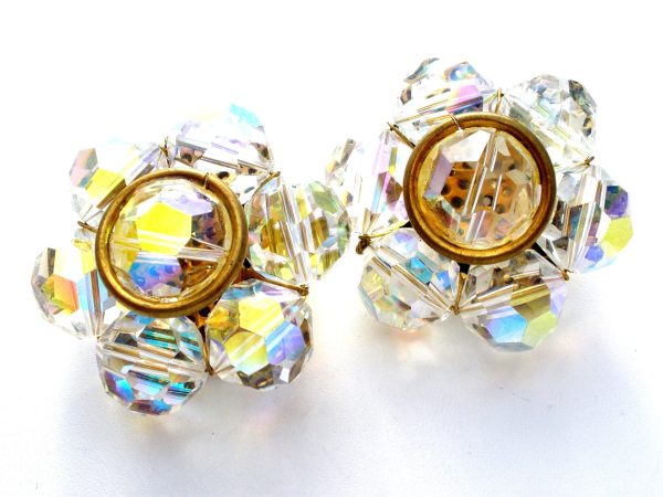 Large Aurora Borealis Crystal Cluster Bead Earrings Vintage Sale