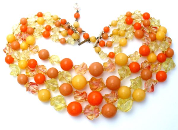 Orange & Yellow Lucite Bead Necklace Multi Strand Hot on Sale