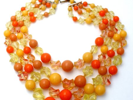 Orange & Yellow Lucite Bead Necklace Multi Strand Hot on Sale