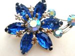 Blue Rhinestone Flower Brooch Pin Vintage Fashion