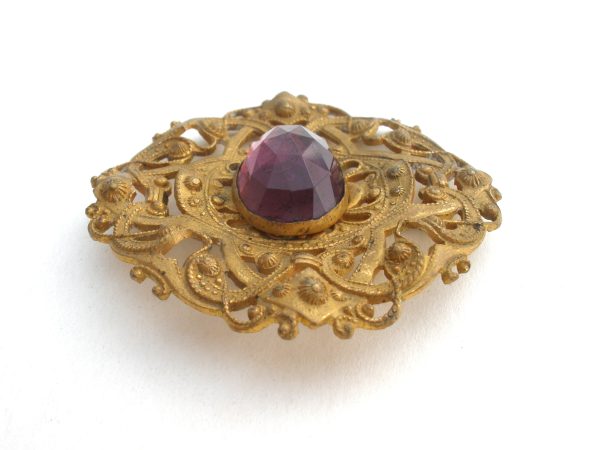 Antique Brass Brooch With Purple Rhinestone Cheap