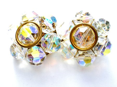 Large Aurora Borealis Crystal Cluster Bead Earrings Vintage Sale