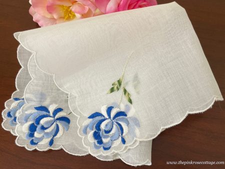 Unused Vintage Blue and White Chrysanthemum Embroidered Handkerchief For Cheap