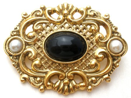 1928 Co Black Rhinestone & Pearl Brooch Pin Fashion