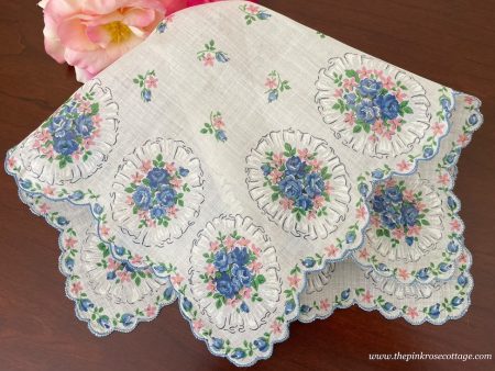 Blue Rose and Pink Floral Bouquet Vintage Handkerchief For Discount