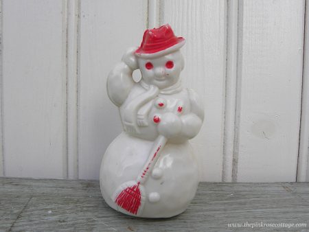 Vintage Hard Plastic Snowman with Red Hat Ornament on Sale