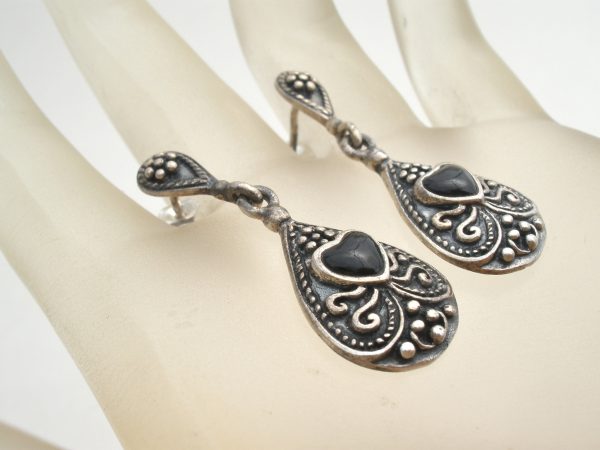 Sterling Silver Black Onyx Heart Earrings Vintage Hot on Sale