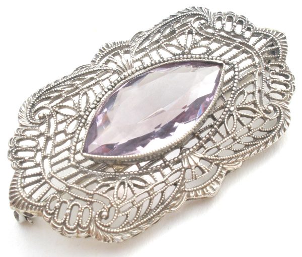 Antique 10K White Gold Amethyst Brooch Pin Online