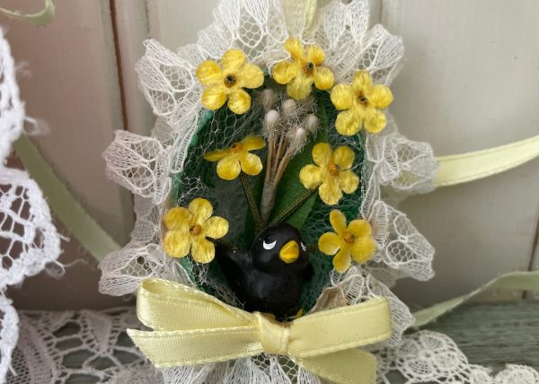 3 Vintage Hand Made Real Egg Easter Diorama Ornaments with Birds on Sale