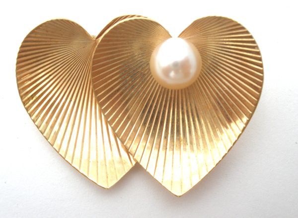 14K Gold Heart Brooch Pin With Pearl Vintage Online Sale