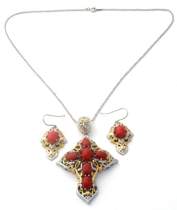 Michael Valitutti Red Coral Cross Necklace Set 925 Online Sale