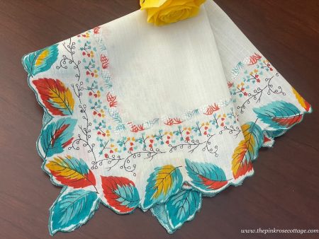 Vintage Teal Red and Yellow Handkerchief with Fall Leaves For Discount